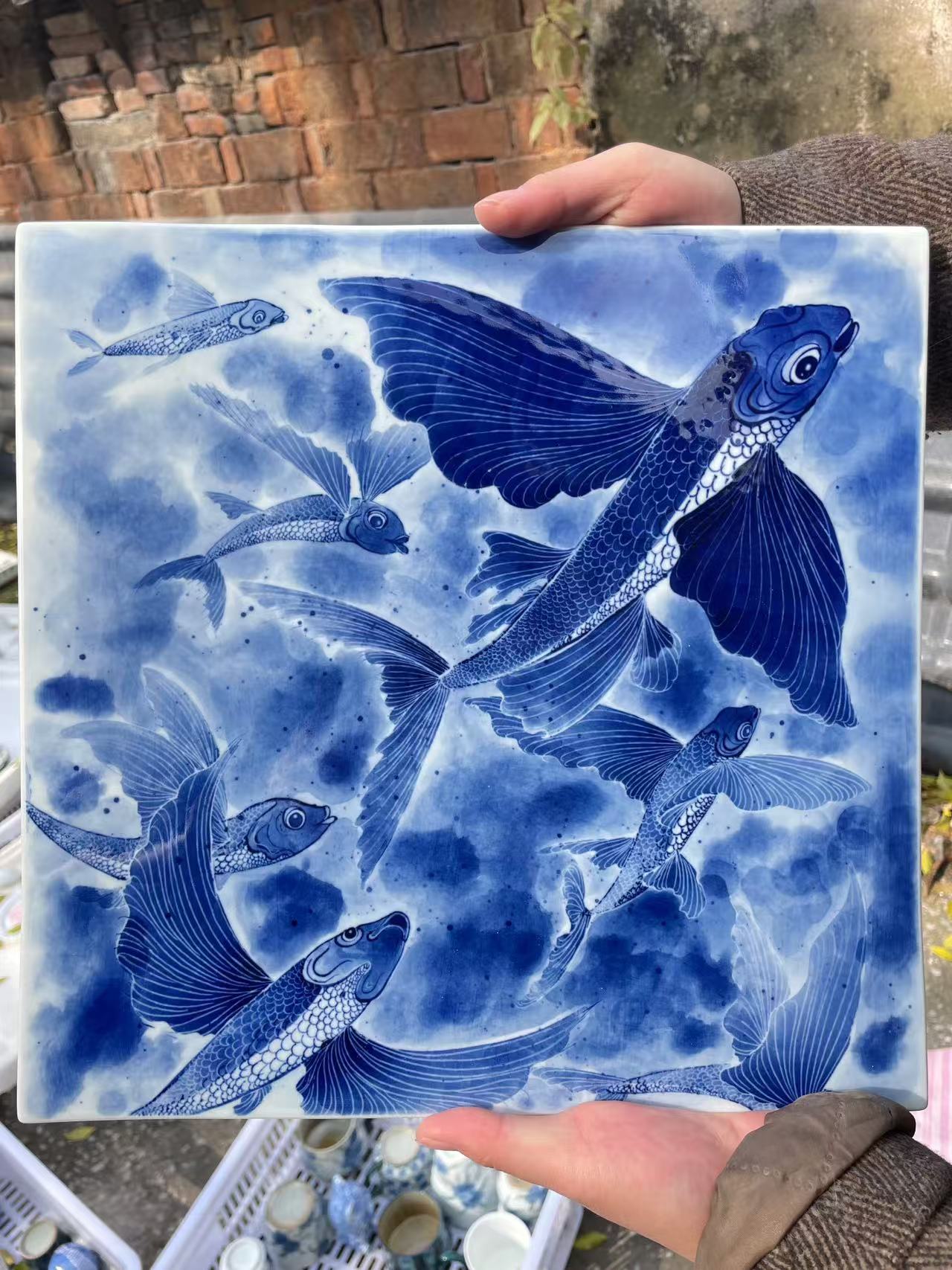 Medium-size Flying fish porcelain plate painting（customized）